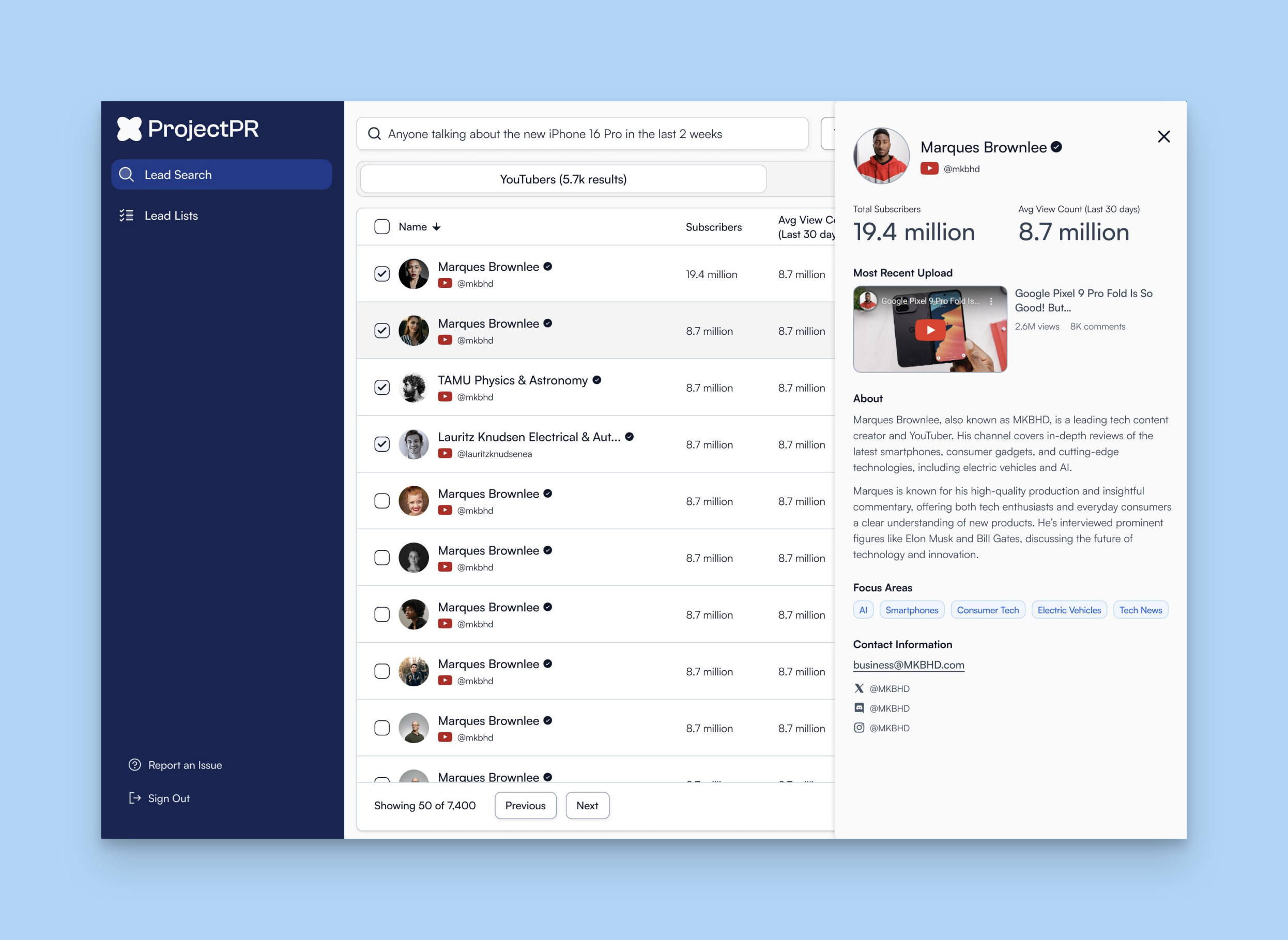 ProjectPR product interface